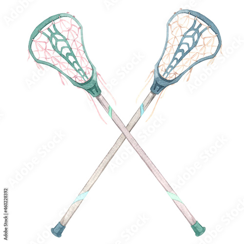 Watercolor illustrations with lacrosse sticks. Collection of drawn elements for your design.