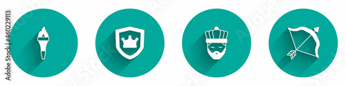 Set Torch flame, Shield with crown, King and Medieval bow and arrow icon with long shadow. Vector