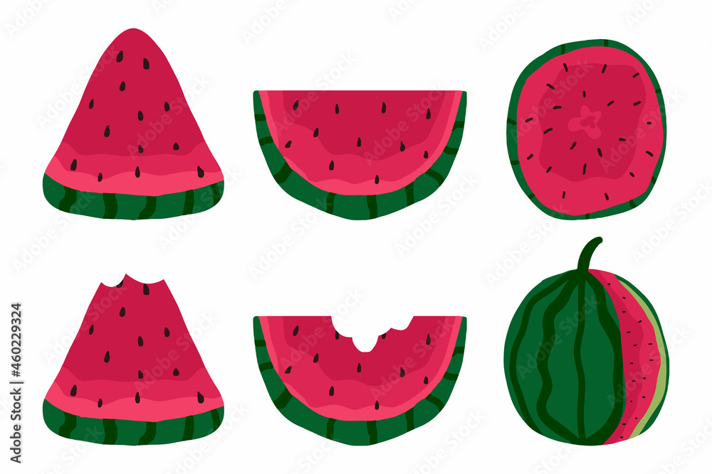 Hand-drawn set of juicy watermelon slices. Tasty watermelon. Hand-drawn set of juicy watermelon slices. Tasty watermelon.