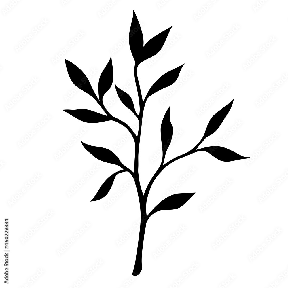 Black silhouette of a branch with leaves vector icon. Hand-drawn illustration isolated on white background. Botanical sketch of a tree sprig with foliage. Monochrome natural concept art. Black silhouette of a branch with leaves vector icon. Hand-drawn illustration isolated on white background. Botanical sketch of a tree sprig with foliage. Monochrome natural concept art.