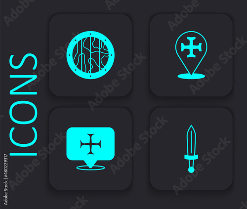 Set Medieval sword, Round wooden shield, Crusade and icon. Black square button. Vector