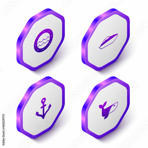 Set Isometric Ship porthole, Speedboat, Anchor and Whale icon. Purple hexagon button. Vector