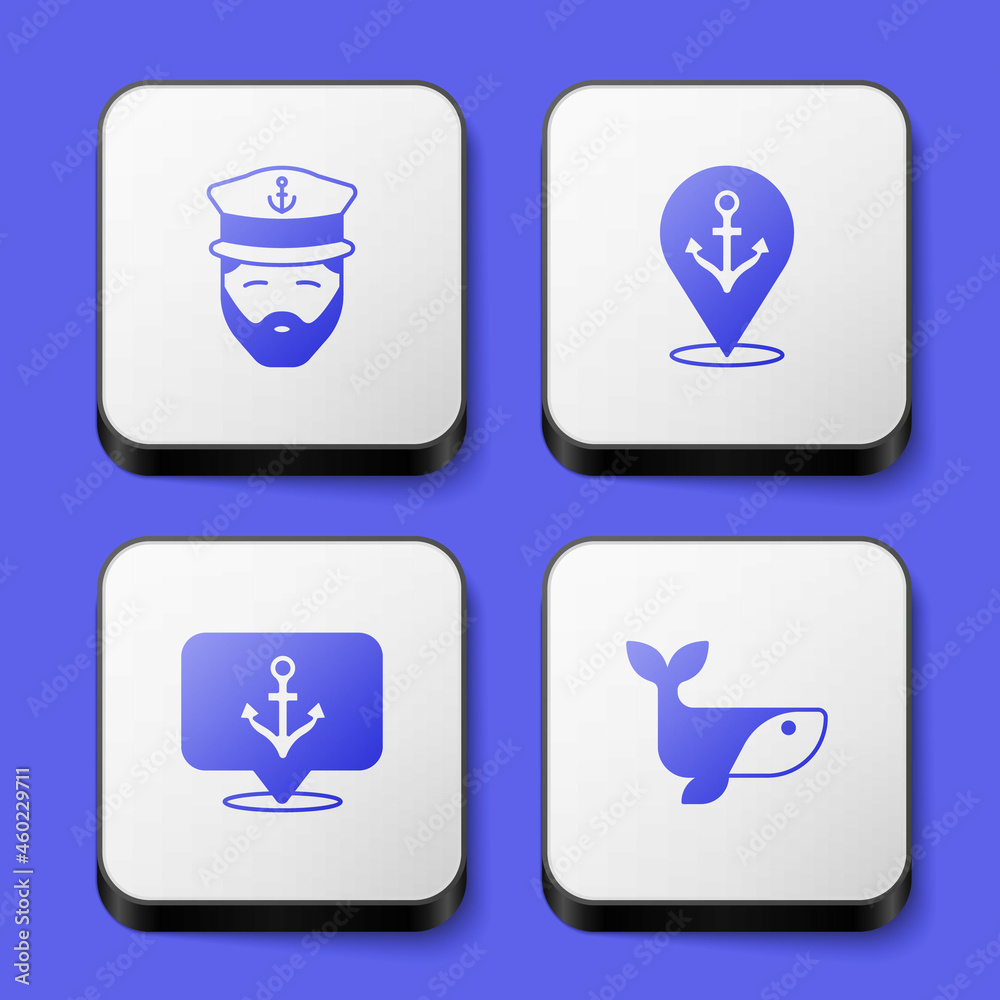 Set Captain of ship, Location with anchor, Anchor and Whale icon. White square button. Vector Set Captain of ship, Location with anchor, Anchor and Whale icon. White square button. Vector