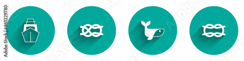 Set Yacht sailboat, Nautical rope knots, Whale and icon with long shadow. Vector