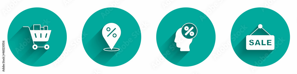 Set Shopping cart and food, Location with percent, Discount tag and Hanging sign text Sale icon with long shadow. Vector Set Shopping cart and food, Location with percent, Discount tag and Hanging sign text Sale icon with long shadow. Vector