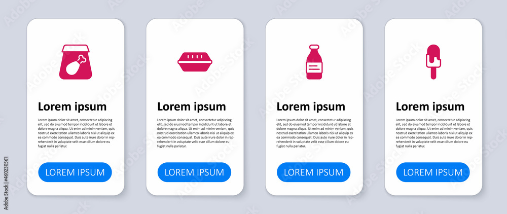 Set Ice cream, Bottle of water, Lunch box and Online ordering meal. Business infographic template. Vector Set Ice cream, Bottle of water, Lunch box and Online ordering meal. Business infographic template. Vector