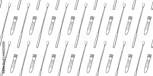 Seamless pattern with Test tubes, beakers and swabs isolated on white background. Covid-19 test. Blood samples. Flu analysis for laboratory. Vector outline doodle Medical backgrounds and textures