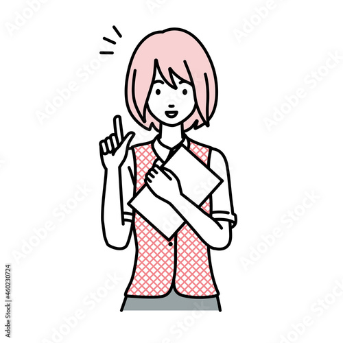 立って書類を手に持って何かひらめいたジャケットの女性