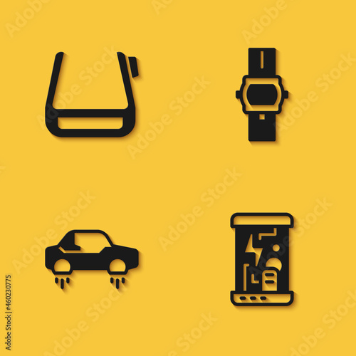 Set Smart glasses on spectacles, Cryogenic capsules, Fantastic flying car and Wrist watch icon with long shadow. Vector