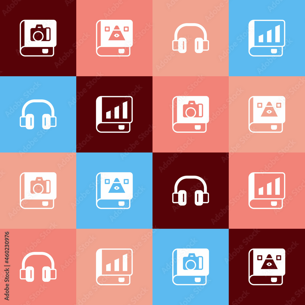 Set pop art Photo album gallery, Ancient magic book, Headphones and Financial icon. Vector Set pop art Photo album gallery, Ancient magic book, Headphones and Financial icon. Vector