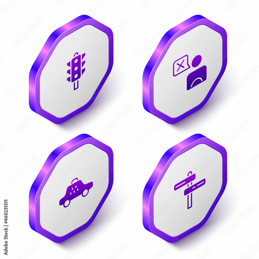Set Isometric Traffic light, Taxi driver, car and Road traffic sign icon. Purple hexagon button. Vector Set Isometric Traffic light, Taxi driver, car and Road traffic sign icon. Purple hexagon button. Vector