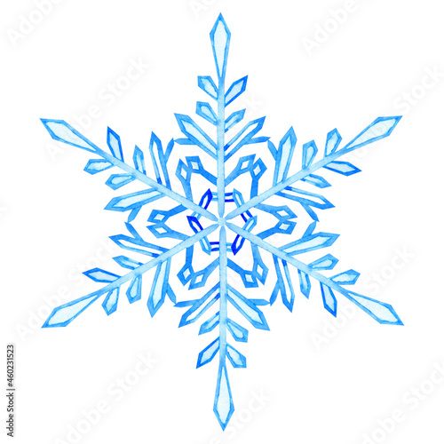 Blue watercolor snowflake isolated on white. 