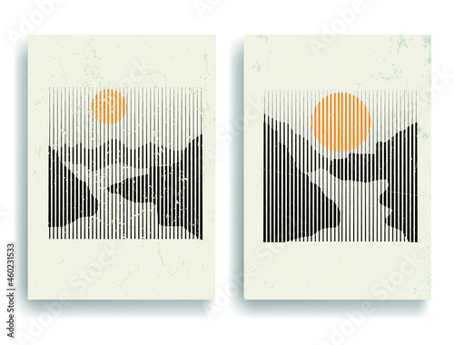 Poster with mountain landscape  and sunset in boho style  .Minimal design with line elements . Trendy brochure . Vector illustration .