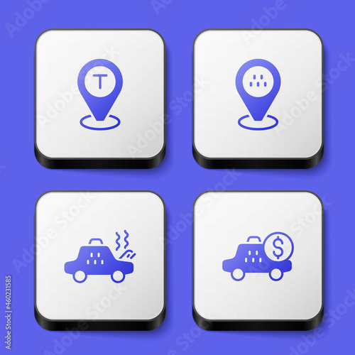 Set Location taxi car, Broken and Taximeter device icon. White square button. Vector