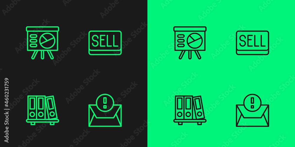 Set line Envelope, Office folders, Board with graph and Sell button icon. Vector Set line Envelope, Office folders, Board with graph and Sell button icon. Vector