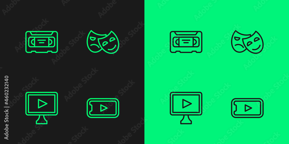 Set line Online play video, VHS cassette tape and Comedy and tragedy masks icon. Vector Set line Online play video, VHS cassette tape and Comedy and tragedy masks icon. Vector