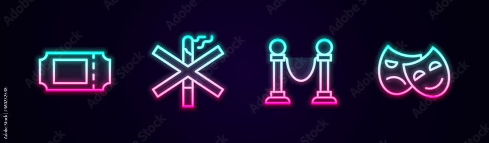 Set line Cinema ticket, No smoking, Rope barrier and Comedy and tragedy masks. Glowing neon icon. Vector Set line Cinema ticket, No smoking, Rope barrier and Comedy and tragedy masks. Glowing neon icon. Vector