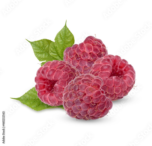 Fresh raspberry with leaves isolated on white background