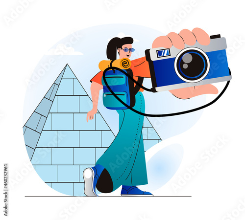 Traveling people concept in modern flat design. Woman traveler with backpack went on vacation and takes photo of Egypt pyramids. World tourism and sightseeing in tourist spots. Vector illustration