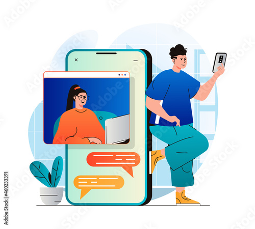 Video chatting concept in modern flat design. Man and woman communicate by video call and correspond in messenger on mobile phone. Online communication with friends or family. Vector illustration