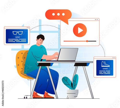 Video marketing concept in modern flat design. Man creates advertising video content, publishes and optimizes it for search, attracts audience. Success online promotion strategy. Vector illustration