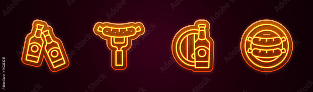 Obraz premium Set line Beer bottle, Sausage on the fork, and wooden barrel and . Glowing neon icon. Vector