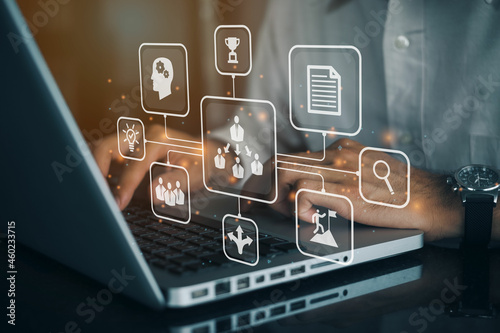 Businessman using a computer to Meeting banner web icon for appointment and convoke, Topic, purpose, brainstorm, communication, discussion, video conference and conclusion.