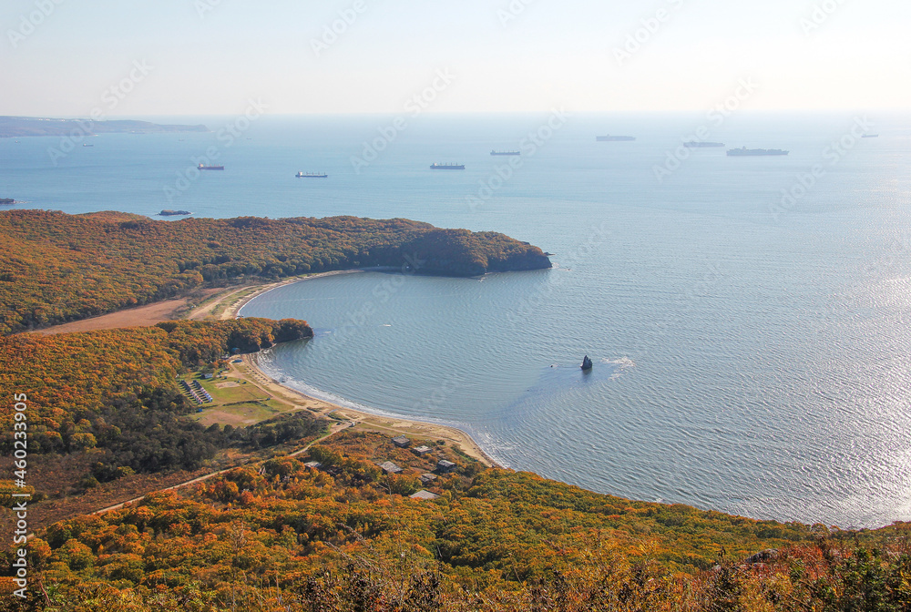 Lashkevich bay, view from Sisters mountain, Nakhodka city, Primorsky Region, Russia. Landscape view of the fall foliage of the cape of Japan Sea