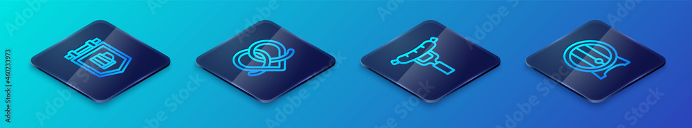 Set Isometric line Sausage on the fork, Street signboard with beer, Wooden barrel rack and Pretzel icon. Vector Set Isometric line Sausage on the fork, Street signboard with beer, Wooden barrel rack and Pretzel icon. Vector