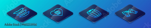 Set Isometric line Wooden barrel, Sausage, Glass of beer and Heart with glass icon. Vector