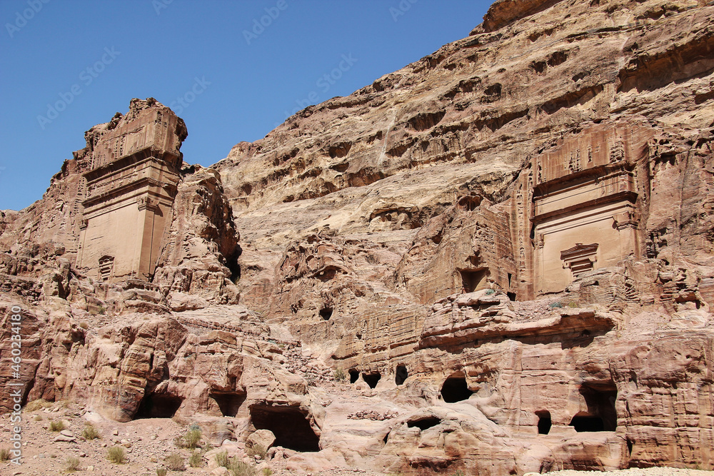 An ancient city Petra, the capital of Idumea, later the capital of the Nabatean kingdom. The lost city in the cliffs of Jordan. Stony desert with canyons