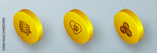 Set Isometric line Wooden barrel on rack, Heart with glass of beer and icon. Vector