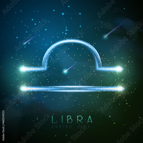Modern magic witchcraft card with astrology glittering golden Libra zodiac sign on outer space background