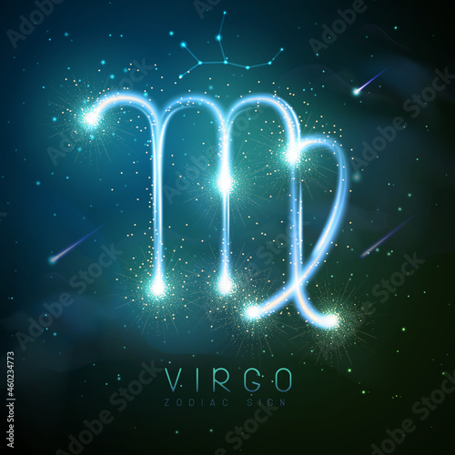 Modern magic witchcraft card with astrology glittering golden Virgo zodiac sign on outer space background