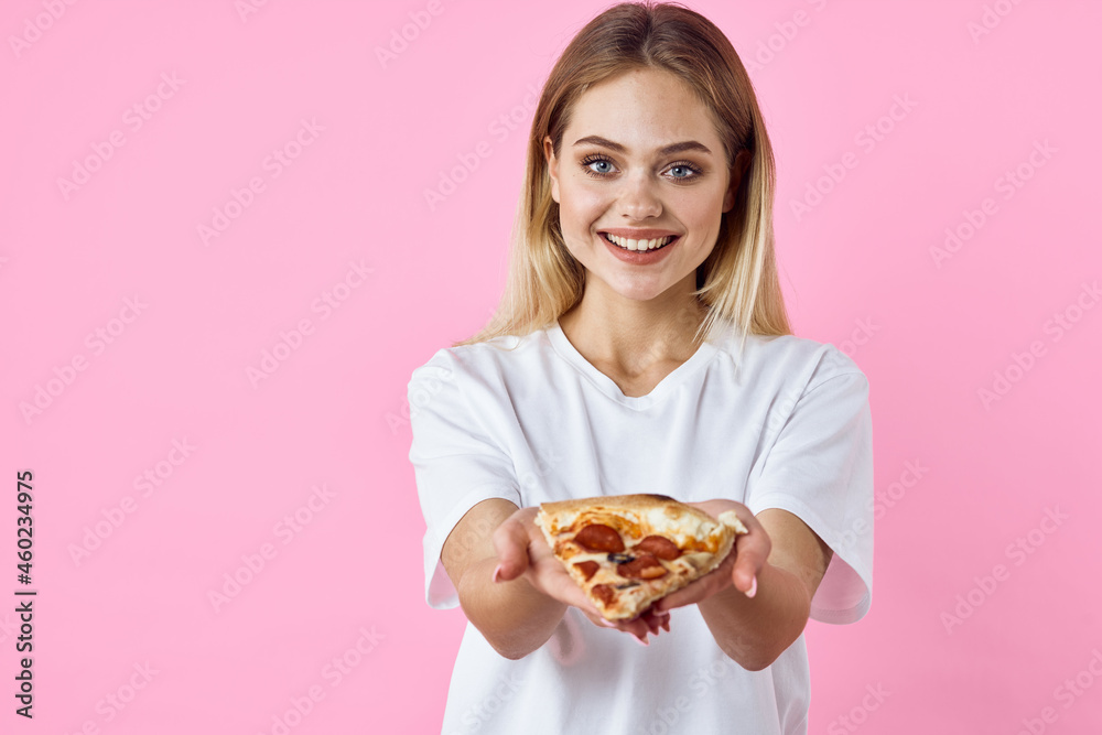 cheerful pretty woman in white t-shirt pizza fast food snack restaurant cheerful pretty woman in white t-shirt pizza fast food snack restaurant