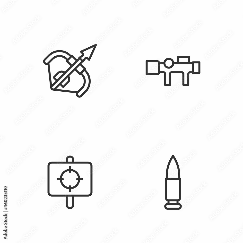 Set line Bullet, Target sport, Medieval bow and arrow and Sniper optical sight icon. Vector