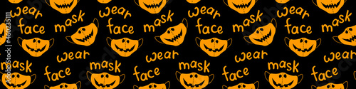 Seamless vector pattern of medical protect face masks. Halloween background and texture with lettering in flat style. Virus protection, quarantine. Covid-19 pandemic