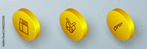 Set Isometric line Open matchbox and matches, Slingshot and Hunting gun icon. Vector