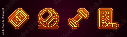 Set line Football field, Baseball, Dumbbell and Sports doping with dumbbell. Glowing neon icon. Vector