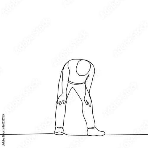 tired man stands bending over, his hands rest on his knees - one line drawing vector. concept of emotional or creative burnout. runner was stops to catch his breath