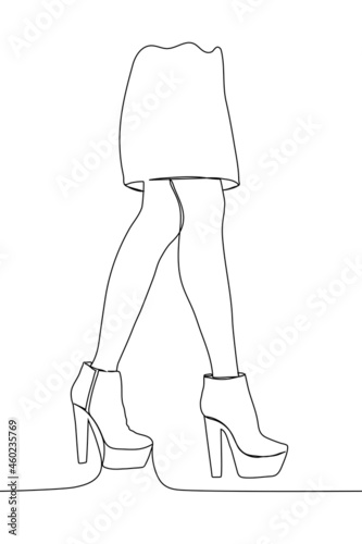 female legs in ankle boots - one line drawing vector. lower body of a woman dressed in a skirt shod in short boots with high thick heels