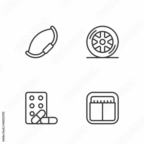 Set line Sport mechanical scoreboard, Sports doping with dumbbell, Medieval bow and Car wheel icon. Vector