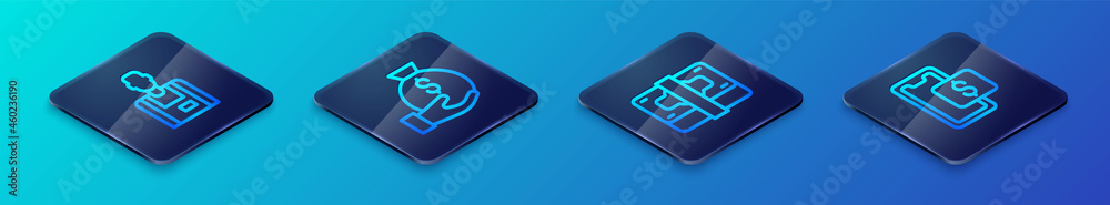 Set Isometric line Stacks paper money cash, Seller, Mobile shopping and Money bag icon. Vector