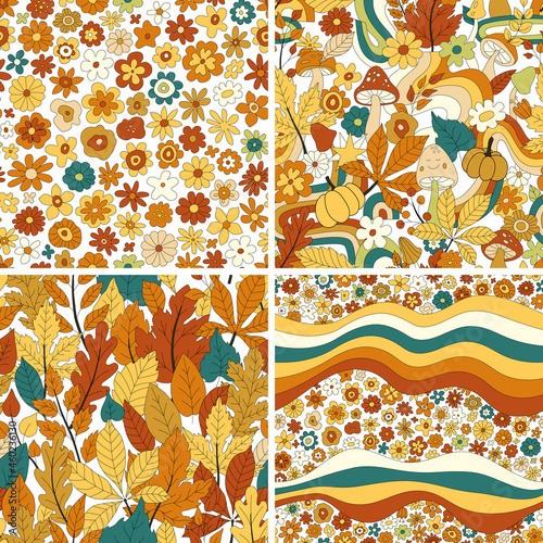 70s groovy hippie retro seamless pattern set. Vintage floral vector pattern collection. Wavy floral background with rainbow, leaves, mushroom,pumpkin,flowers. Doodle hippie print for wallpaper, fabric