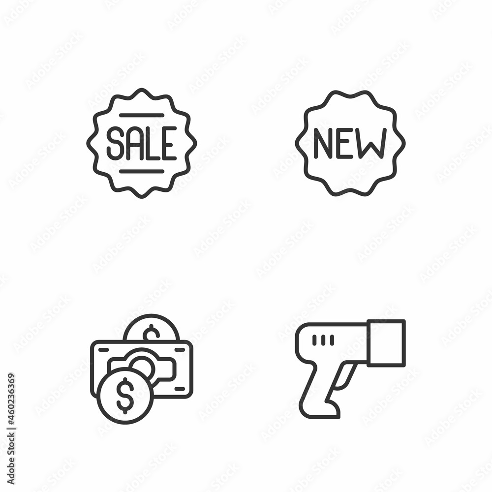 Set line Scanner scanning bar code, Stacks paper money cash, Price tag with Sale and New icon. Vector Set line Scanner scanning bar code, Stacks paper money cash, Price tag with Sale and New icon. Vector