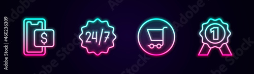 Set line Mobile shopping, Clock 24 hours, Shopping cart and Medal. Glowing neon icon. Vector