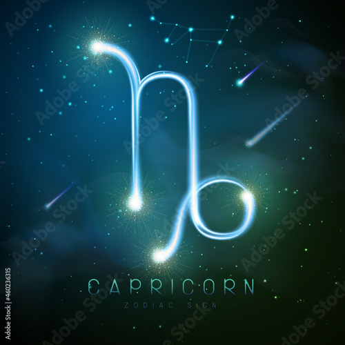 Modern magic witchcraft card with astrology glittering golden Capricorn zodiac sign on outer space background