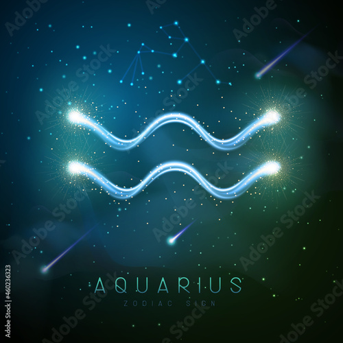 Modern magic witchcraft card with astrology glittering golden Aquarius zodiac sign on outer space background
