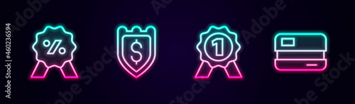 Set line Discount percent tag, Shield with dollar, Medal and Credit card. Glowing neon icon. Vector