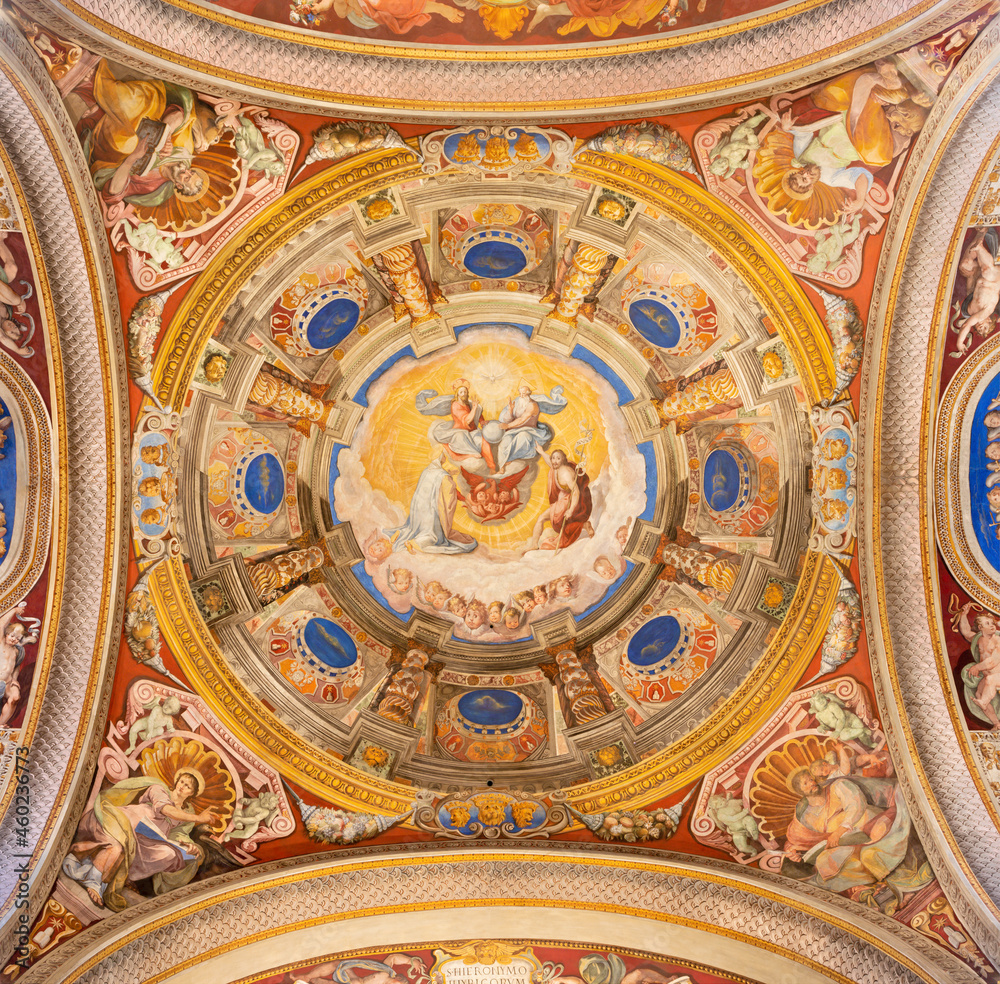 ROME, ITALY - AUGUST 28, 2021: The ceiling fresco Vision of Trinity in the church San Girolamo dei Croati by Giovanni Guerra (1589-1590).